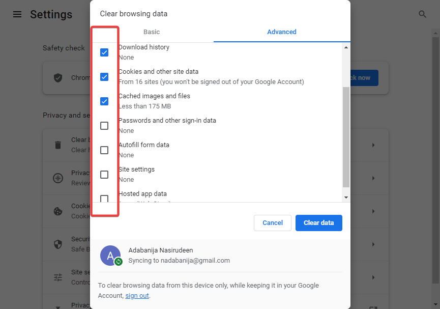 Advanced browsing data clearing in chrome