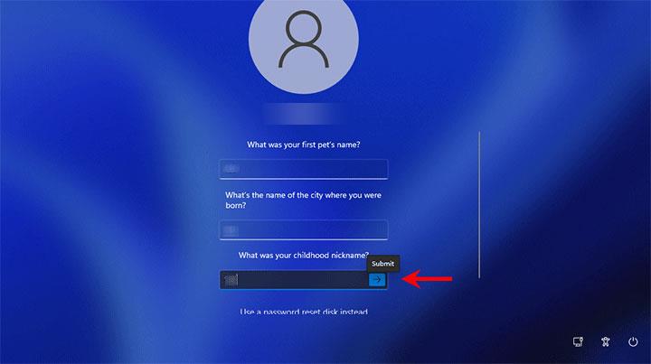 Answer security questions to reset Windows 11 Password