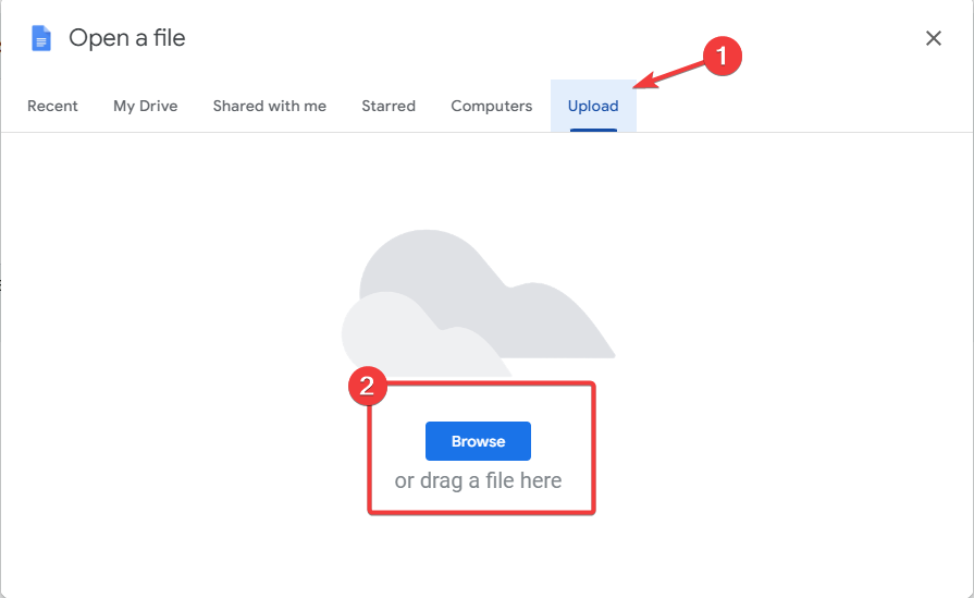 Browse your computer to upload Word file to Google Docs
