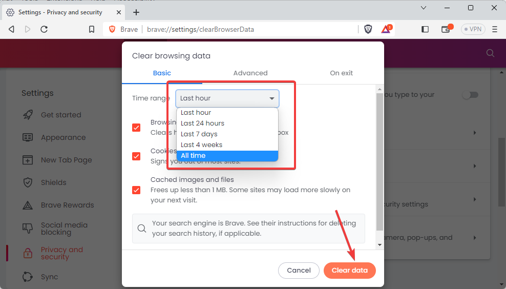 Choosing time range to clear cache in Brave browser 