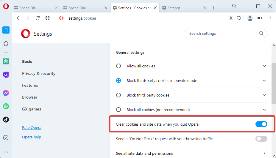 Clear cache and cookies when you quit opera