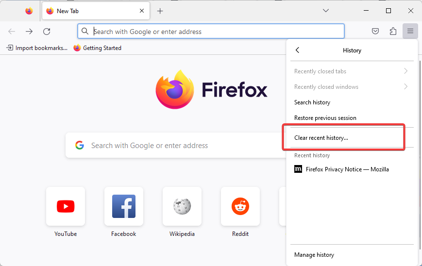 opening recent history in firefox
