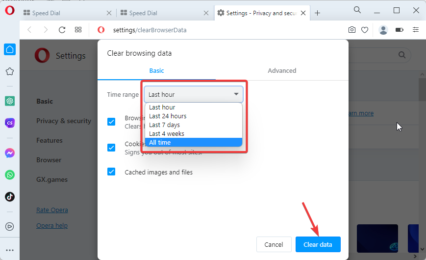 Clearing cache and cookies in Opera browser