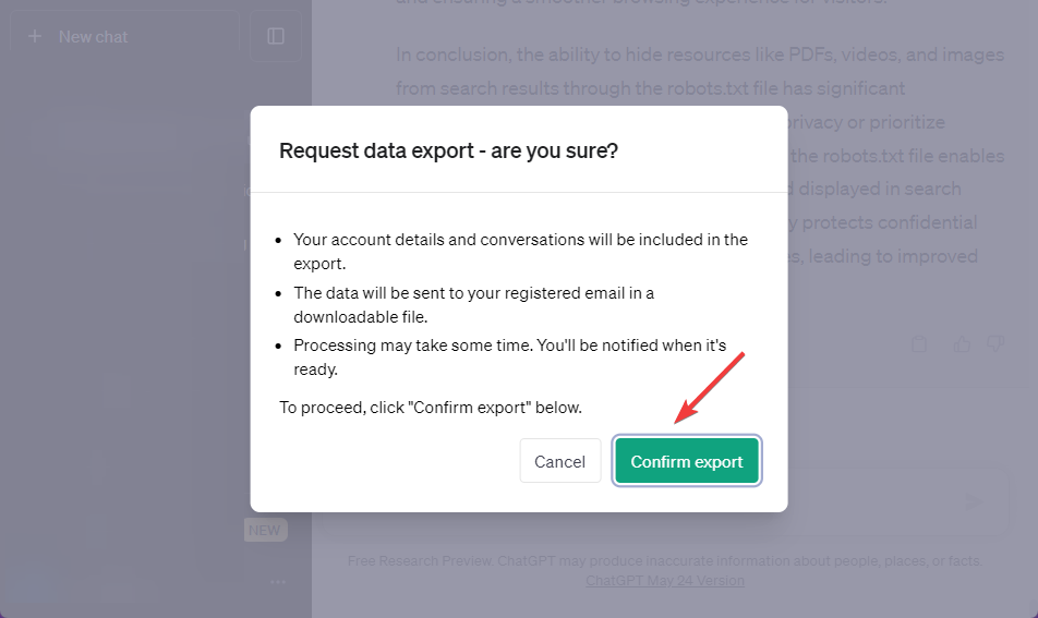 Confirm exporting and downloading your chatgpt history