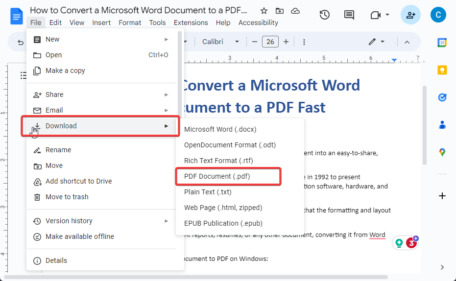 Downloading documents from Google Docs as PDF