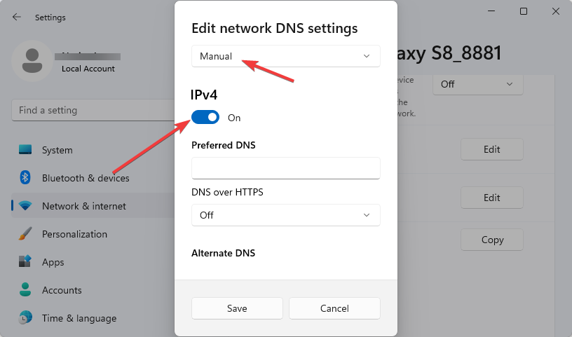 Edit windows network DNS settings