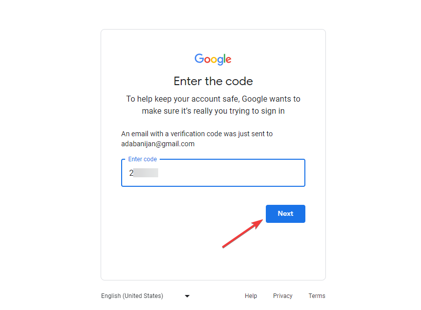 Inputting the 6 digit verification code from Google