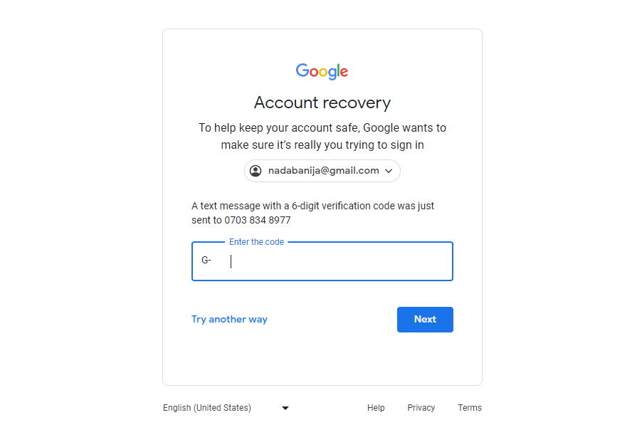 Entering Google 6 digit verification code