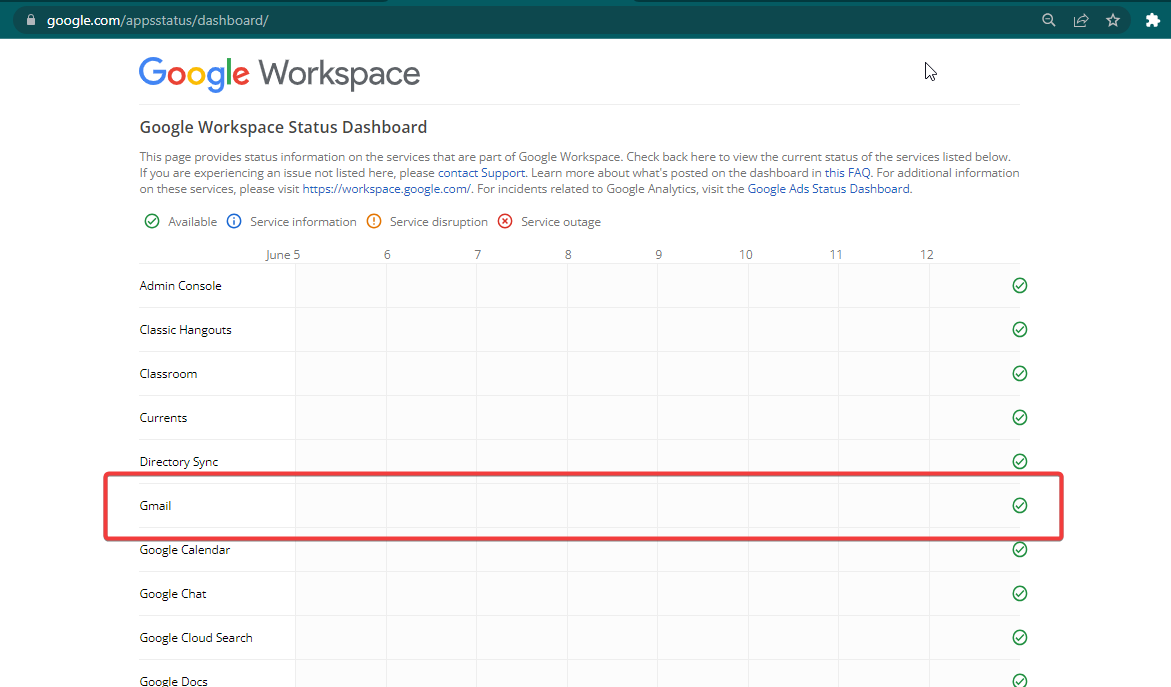 Visiting the Google Workspace Status Dashboard