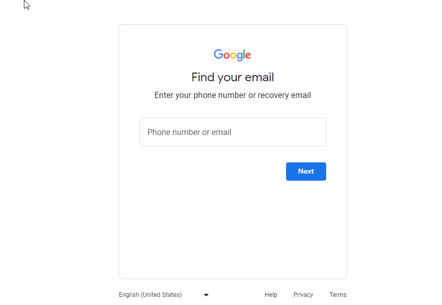 Vsiting Google find your email page