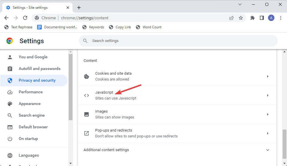 Opening Google Chrome Javascipt settings