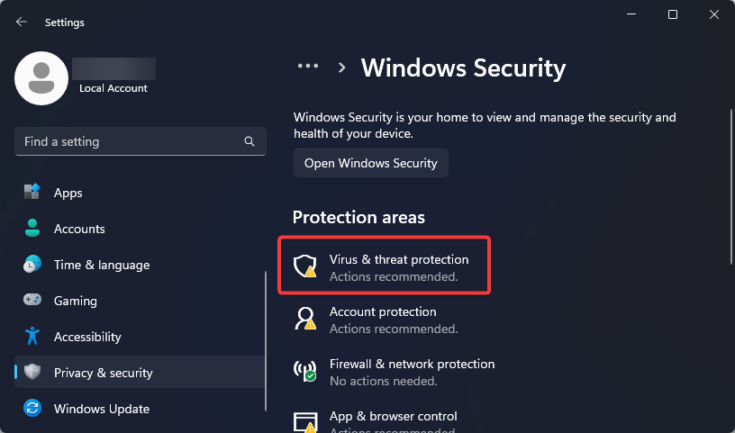 Open Windows Virus and threat protection