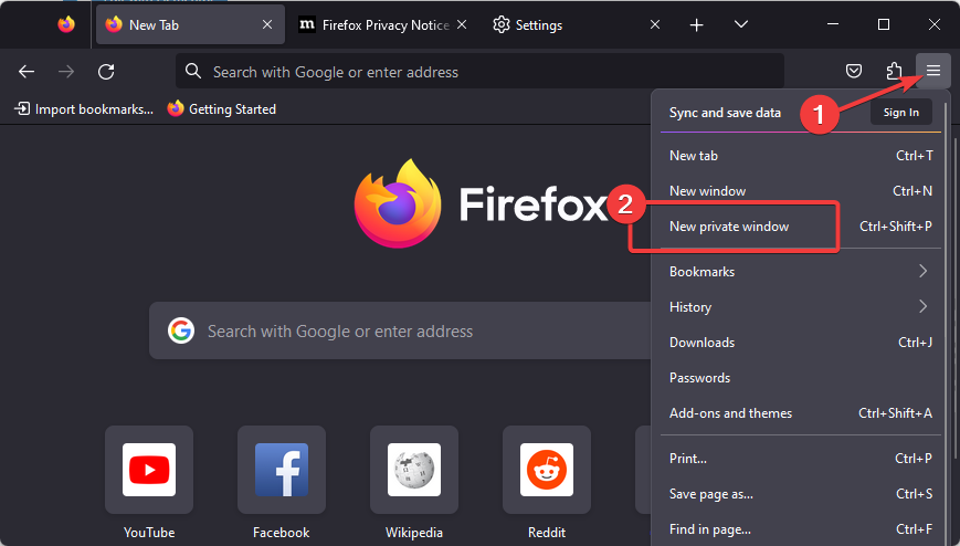 Opening new private window in Firefox Browser