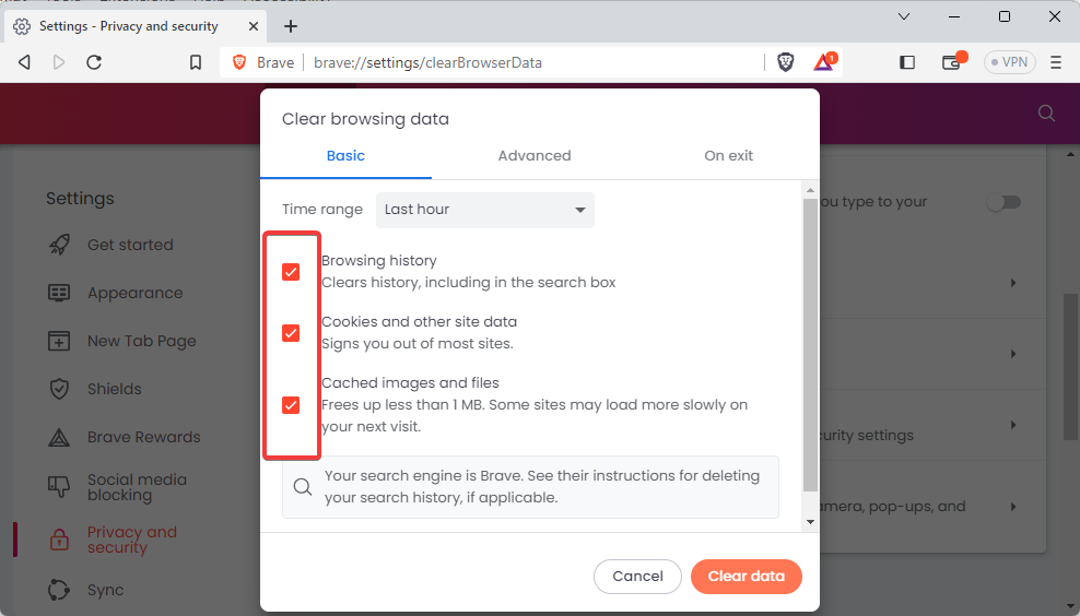 Select cache and cookies to clear in Brave browser
