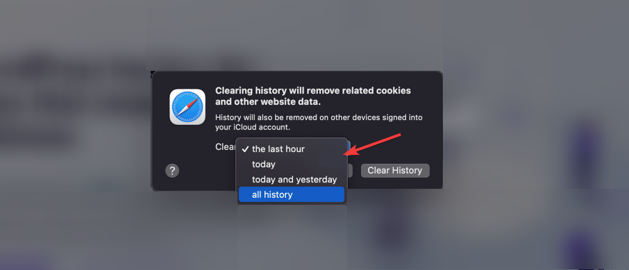 Select time frame for clearing cache and cookies in Safari