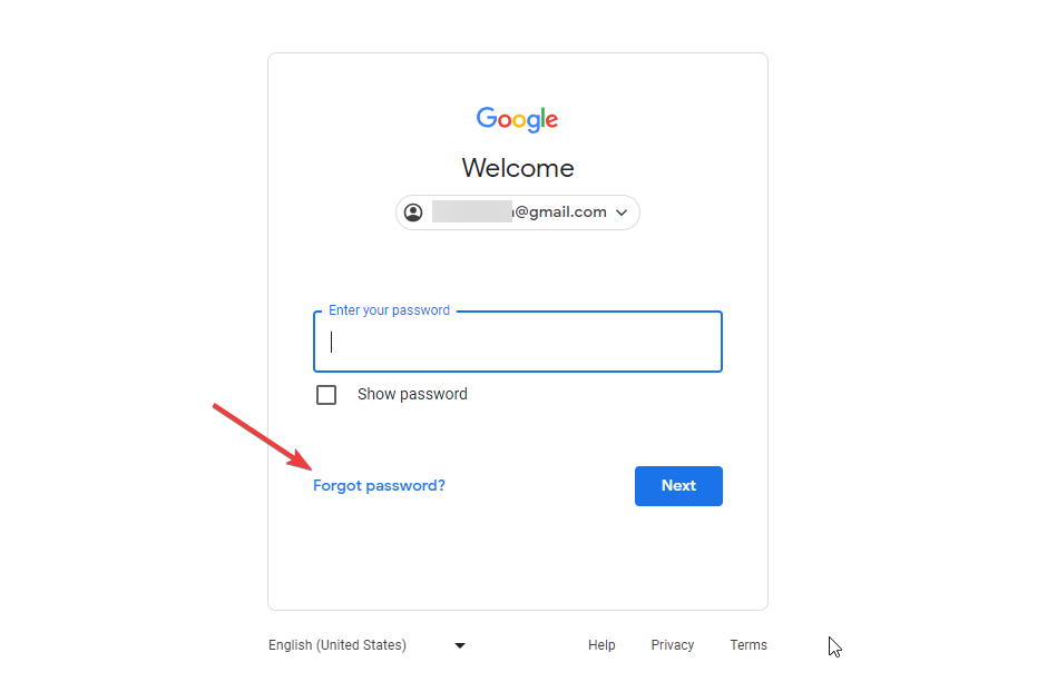 Selecting forgot password on Gmail sign in page