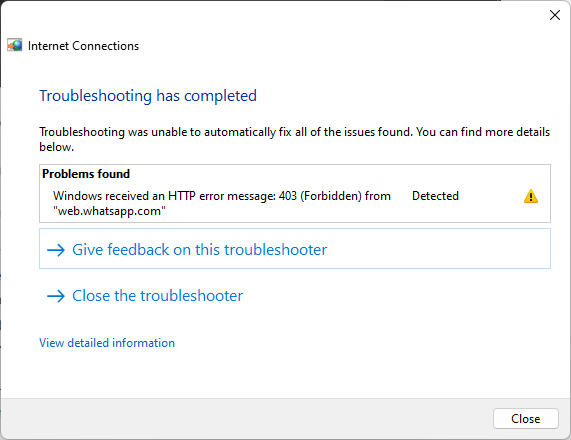 Windows Internet Troubleshooter diagnosing why WhatsApp web is not working