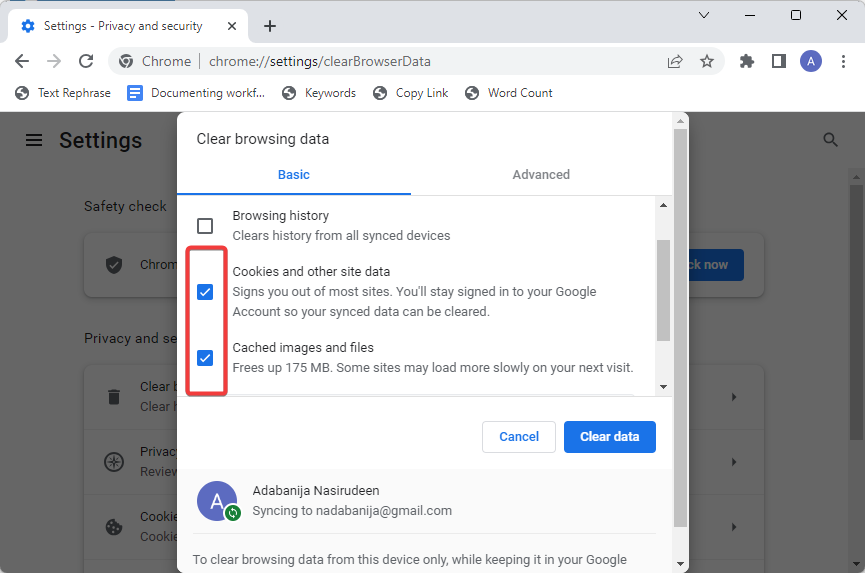 Chrome clearing cookies and cache files and images