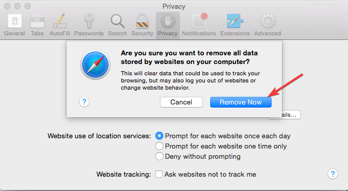 confirm removing cache and cookies in Safari
