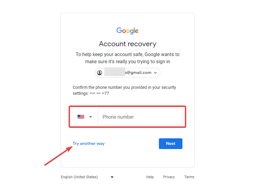 confirming the phone number in Gmail security settings
