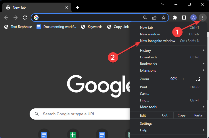 opening new incognito window in Google Chrome browser