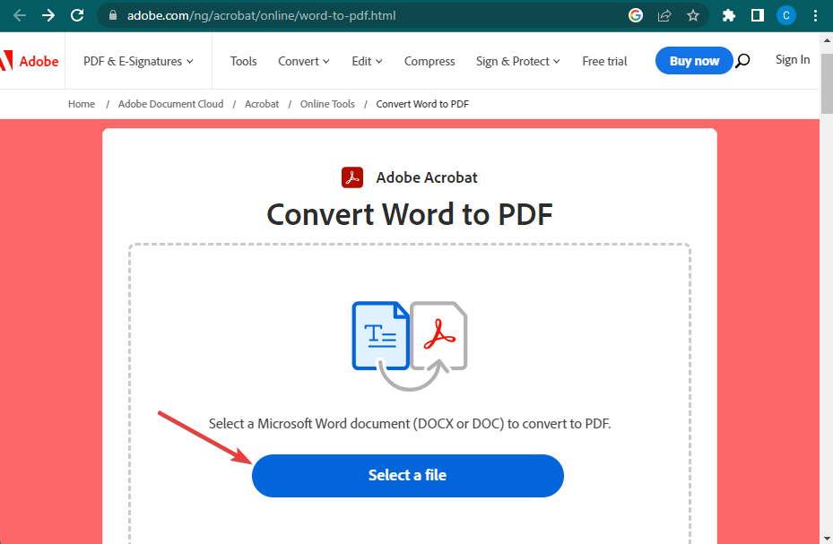 selecting a DOCX or DOC file to convert in Adobe Acrobat