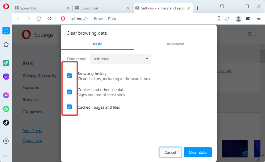 select cache and other data to clear in Opera